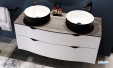 Meuble double vasque à poser Stiletto avec plan zébrano gris et meuble laqué blanc mat de la marque Decotec