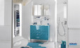 ensemble meuble sous-vasque bleu avec plan vasque en verre blanc, miroir applique LED et armoire de toilette Delpha Unique 90 cm