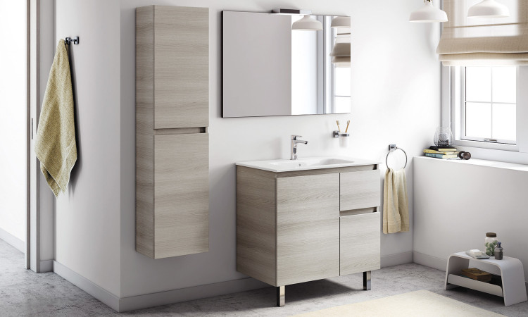 Meuble coloris gris sable texturé, avec lavabo, miroir et applique