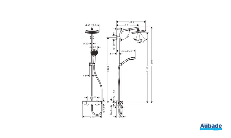 Colonne de douche 220 avec mitigeur thermostatique Chrome Hansgrohe - Schéma technique