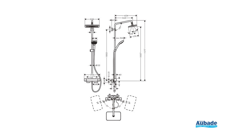 Colonne de douche Croma E mitigeur thermostatique Chrome Hansgrohe - Schéma technique