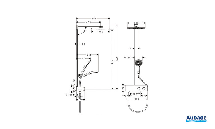 Colonne de douche Raindance E mitigeur thermostatique Chrome Hansgrohe - Schéma technique