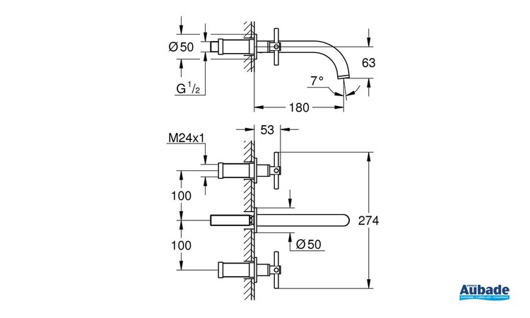 Mélangeur 3 trous Lavabo Atrio Chromé de Grohe - Schéma