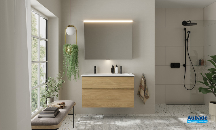 Meuble Eqio Smart. Finition mélaminée synchropore, finition Chêne décor classique poignée Noir mat