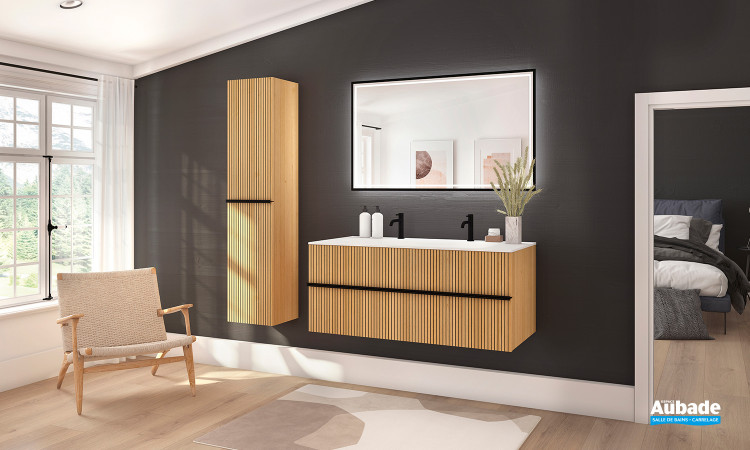 Meuble Woody, L.120 cm finition placage Chêne naturel rainuré noir