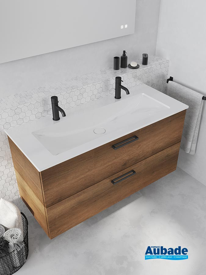 Meuble salle de bains Burgbad mix & match avec vasque à poser et façade coloris decor rouille