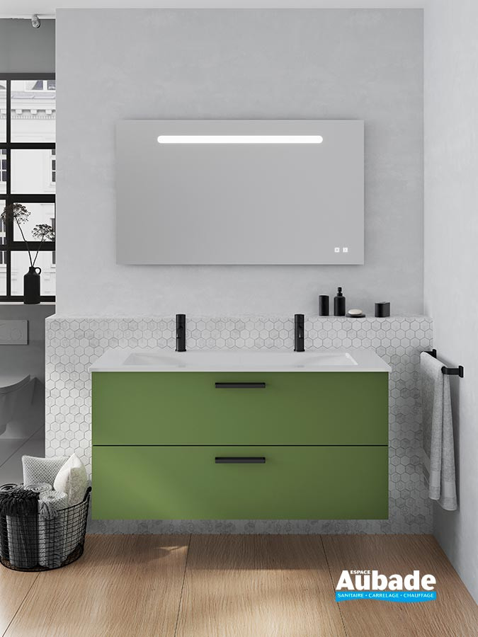 Meuble salle de bains Burgbad mix & match avec vasque à poser et façade coloris vert forêt