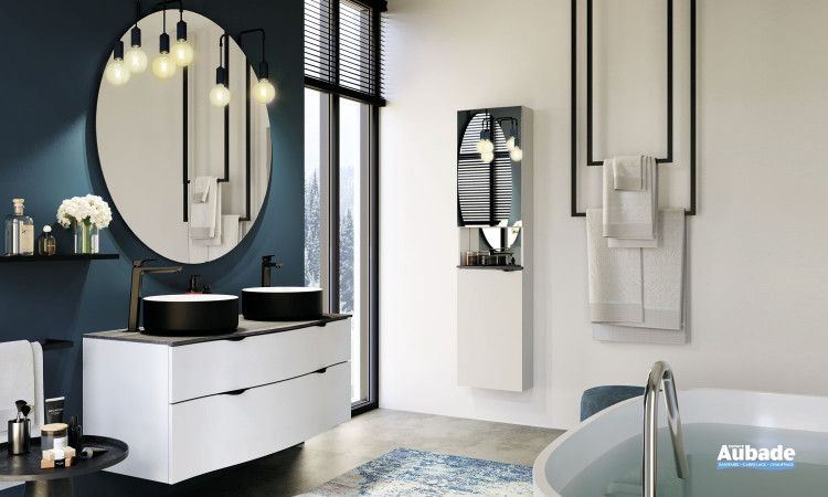 Meuble Stiletto laqué blanc mat avec double vasque à poser sur plan zébrano gris de la marque Decotec