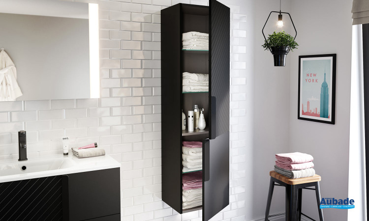 Zoom colonne L 40 cm 2 portes coloris laqué noir satiné et noir soft avec porte basse lisse et charnières à droite.