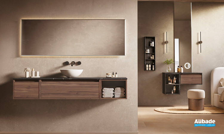 Meuble Plurielle 1 niveau L180 avec vasque à poser coloris noyer naturel et plan stratifié marbre noir