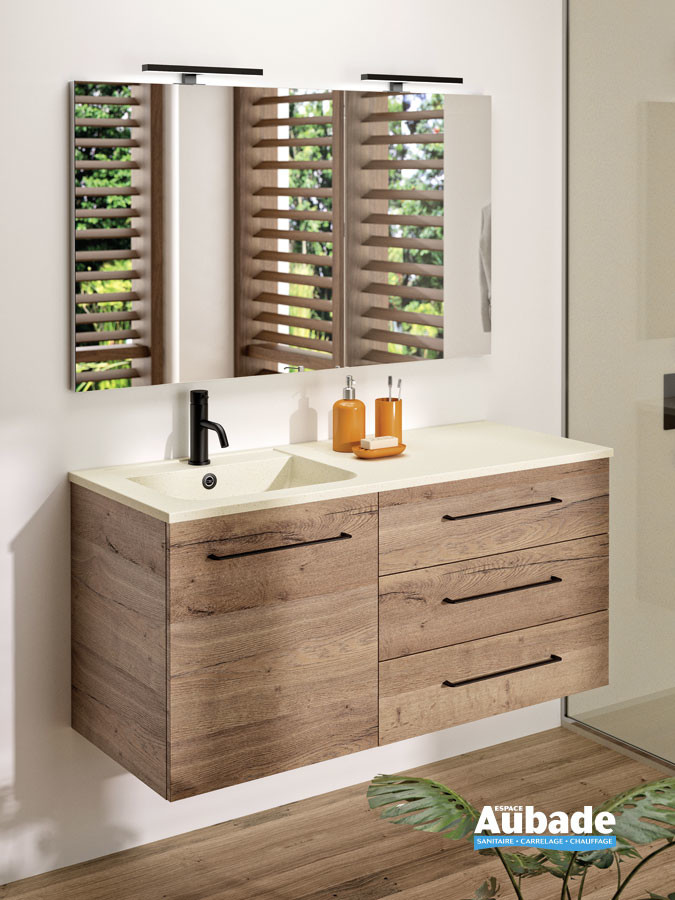 Meuble vasque 3 tiroirs et 1 porte Vita coloris Nebraska avec poignée noir et plan ivory de Ambiance Bain