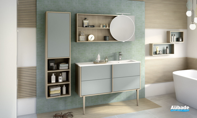 Meuble de salle de bains Evasion par Delpha avec 2 coulissants largeur 120 cm coloris Vert aloé mat et corps décor chêne doré structuré