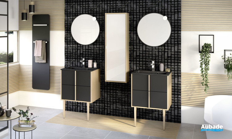 Meuble de salle de bains Evasion par Delpha avec 2 coulissants largeur 60 cm coloris Noir mat et corps de meuble décor chêne doré structuré