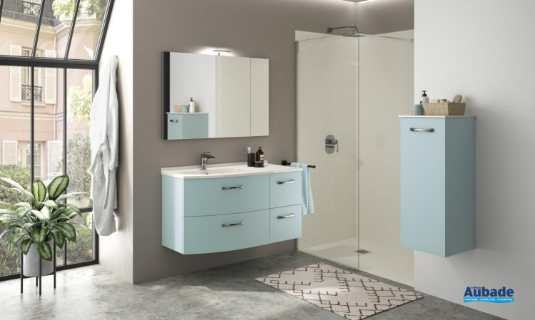Meuble de salle de bains Elio avec 4 tiroirs coloris Fjord et plan vasque artic brillant de Ambiance Bain