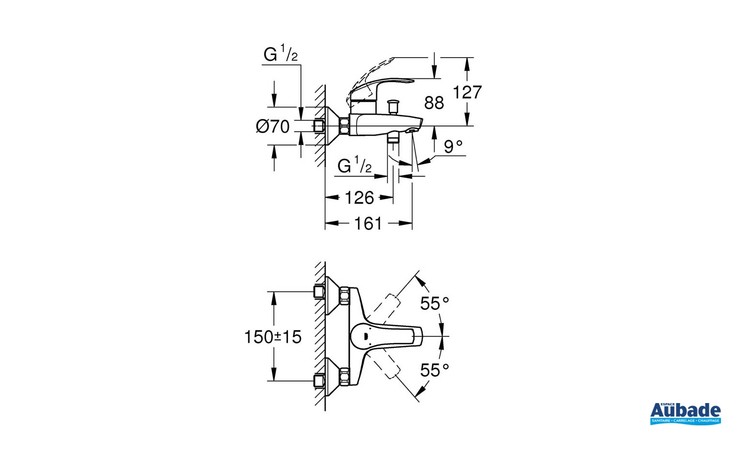 Mitigeur monocommande Bain / Douche Eurosmart Chromé de Grohe - Schéma