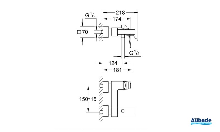 Mitigeur monocommande Bain / Douche Eurocube Chromé de Grohe - Schéma