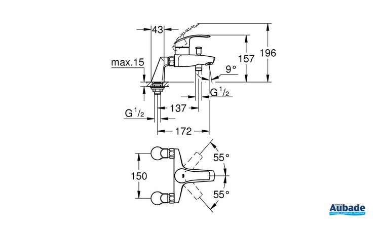 Mitigeur monocommande Bain / Douche Eurosmart Chromé schéma