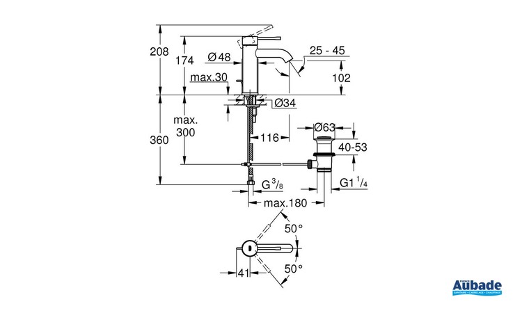 Mitigeur monocommande Lavabo Taille S Essence Chromé schéma