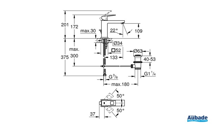 Mitigeur monocommande Lavabo Taille M Eurocube Chromé schéma