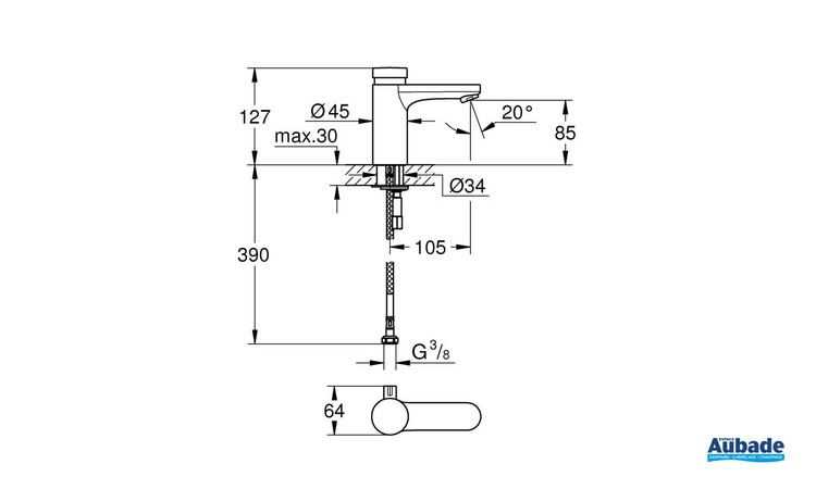 Robinetterie temporisée Eurosmart Cosmopolitan T Chromé de Grohe - Schéma