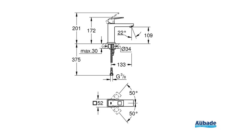 Mitigeur monocommande Lavabo Taille M Eurocube Chromé schéma