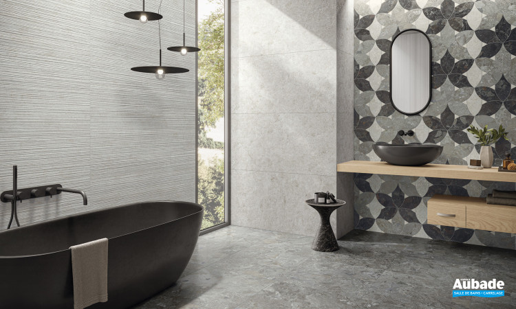 Collection Mockup par Naxos en coloris Ostuni Grey, mosaïque Modulo Roma Grey et décor Line Grey