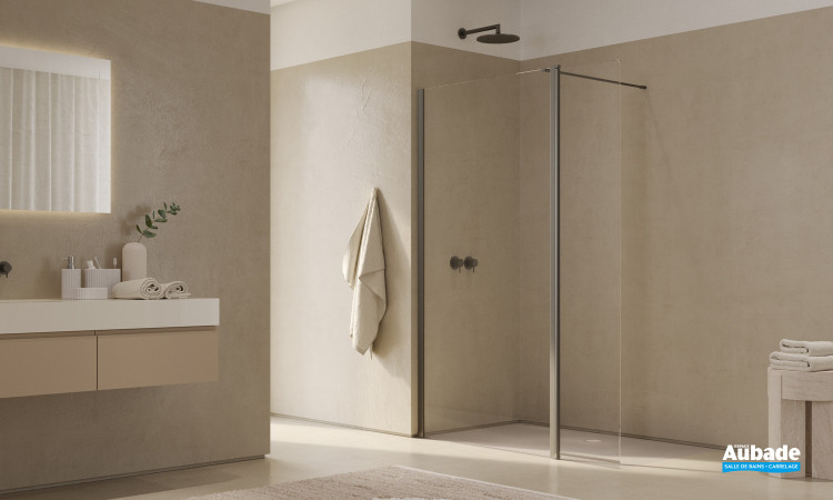 Paroi de douche Walk-in Easy 2.0 Transparent avec volet pivotant à 180° par Ronal coloris Nickel brossé