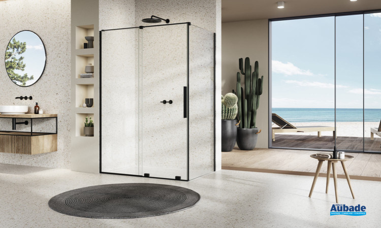 PAROIS DE DOUCHE PORTE COULISSANTE AVEC RETOUR COTE MOBILE PLUME DE SANSWISS