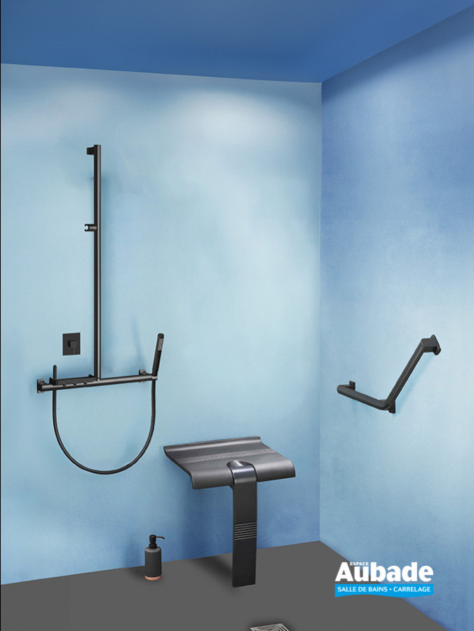 Barre d'appui et siège de douche déclipsable et escamotable Arsis de Pellet, coloris Full Black