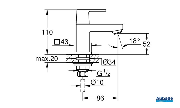 Robinet de lave-mains Taille XS Eurocube Chromé de Grohe - Schéma