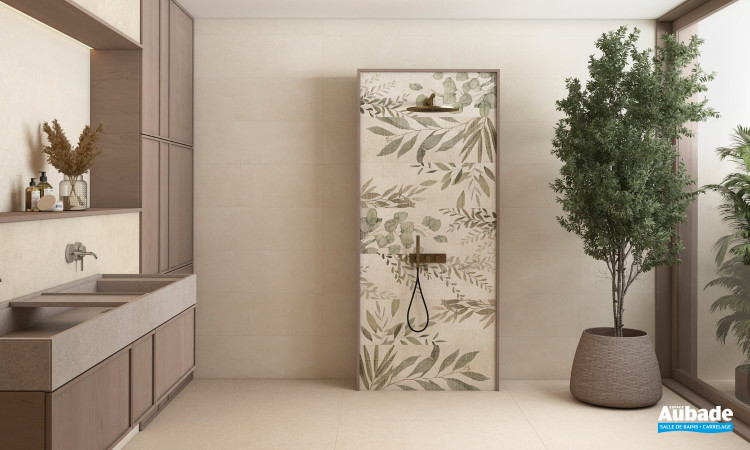 Collection Portwall par Tau Ceramica en coloris Sand et décors Rlv Mache Sand et Aura