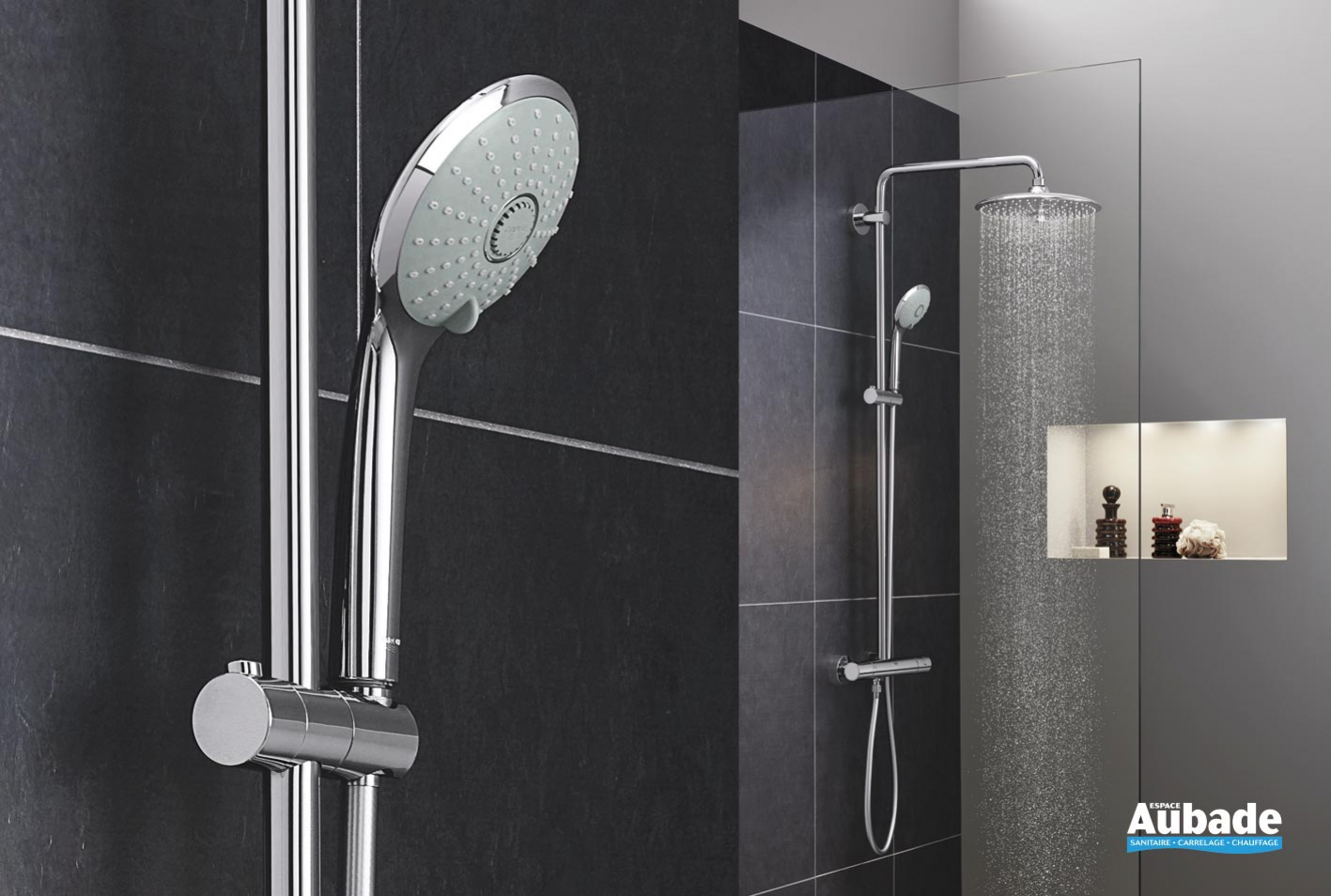 Colonne De Douche Hydromassante Multifonction En Acier Inoxydable Avec Pomme De Douche Fixe Massage Etagere Nickel Brosse 81198709