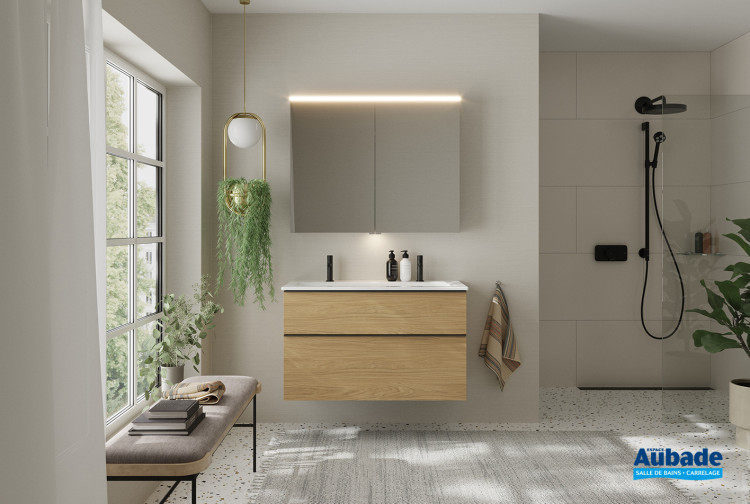 Meuble Eqio Smart. Finition mélaminée synchropore, finition Chêne décor classique poignée Noir mat