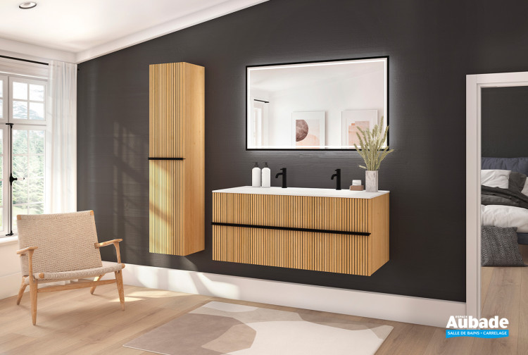 Meuble Woody, L.120 cm finition placage Chêne naturel rainuré noir