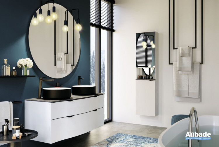 Meuble double vasque Stiletto plan zébrano et meuble laqué blanc mat par Decotec