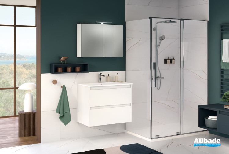 Meuble de salle de bains d-motion affleurant largeur 80 cm avec 2 coulissants coloris Blanc satiné de la marque Delpha