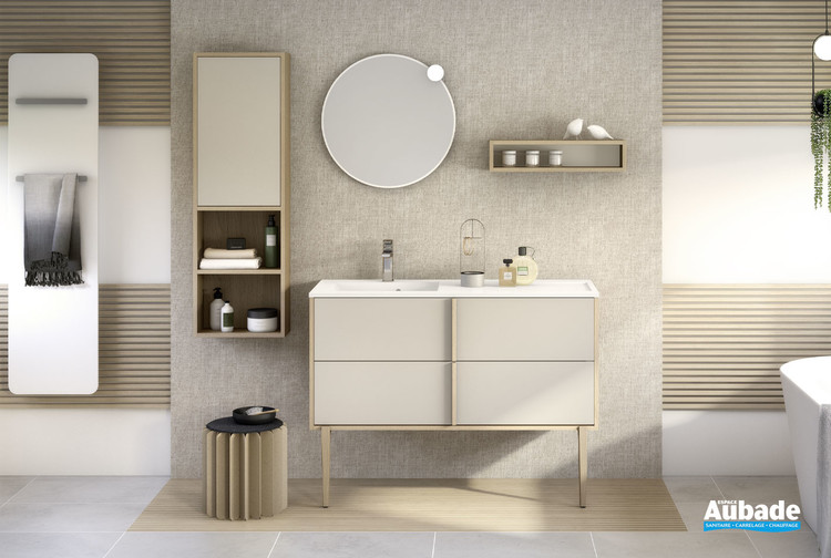 Meuble largeur 120 centimètres avec 2 coulissants et plan vasque à gauche moulé Evasion coloris Beige mat et décor chêne doré structuré de Delpha