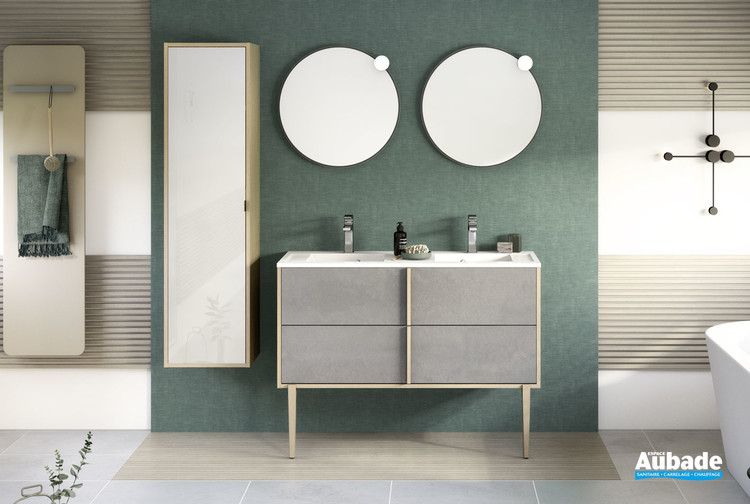 Meuble avec plan double vasque largeur 120 centimètres Evasion coloris Béton foncé structuré et décor chêne doré structuré de Delpha