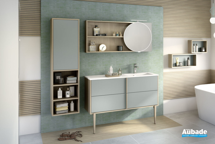 Meuble largeur 120 centimètres avec 2 coulissants et plan vasque à droite moulé Evasion coloris Vert aloé mat et décor chêne doré structuré de Delpha