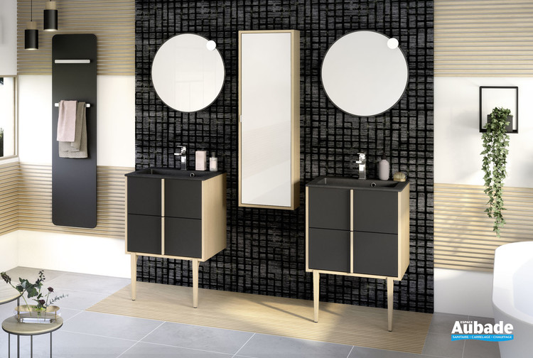 Meuble largeur 60 centimètres avec 2 coulissants Evasion coloris Noir mat et corps de meuble décor chêne doré structuré par Delpha