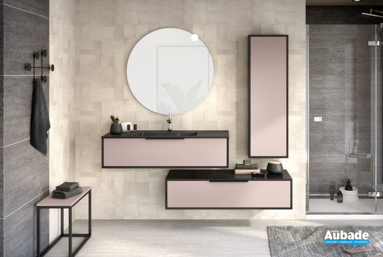 Meuble de salle de bains avec 1 coulissant de la gamme Ultra Cadra en largeur 120 cm finition Rose pastel mat et corps de meuble Noir mat de Delpha