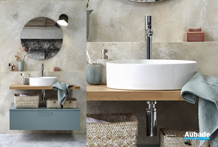 Meuble Parallel, simple vasque 1 tiroirs, finition Chêne naturel et Vert olivier Soft de Jacob Delafon