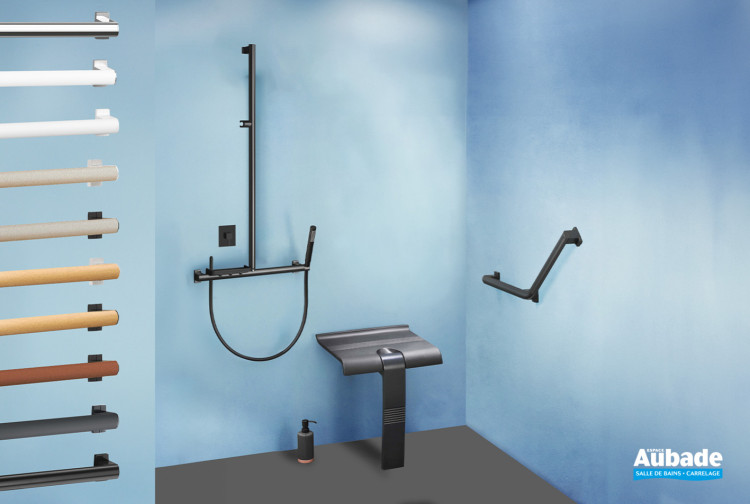 Barre d'appui et siège de douche déclipsable et escamotable Arsis de Pellet, coloris Full Black