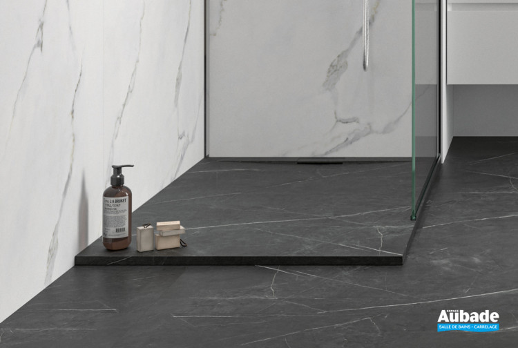 receveur douche zenon line core plus marbre noir revetement assorti panneaux marbre calcatta