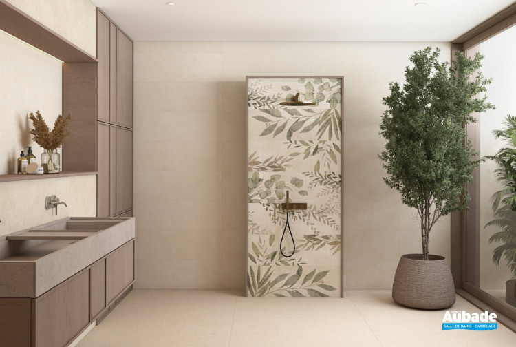 Collection Portwall par Tau Ceramica en coloris Sand et décors Rlv Mache Sand et Aura
