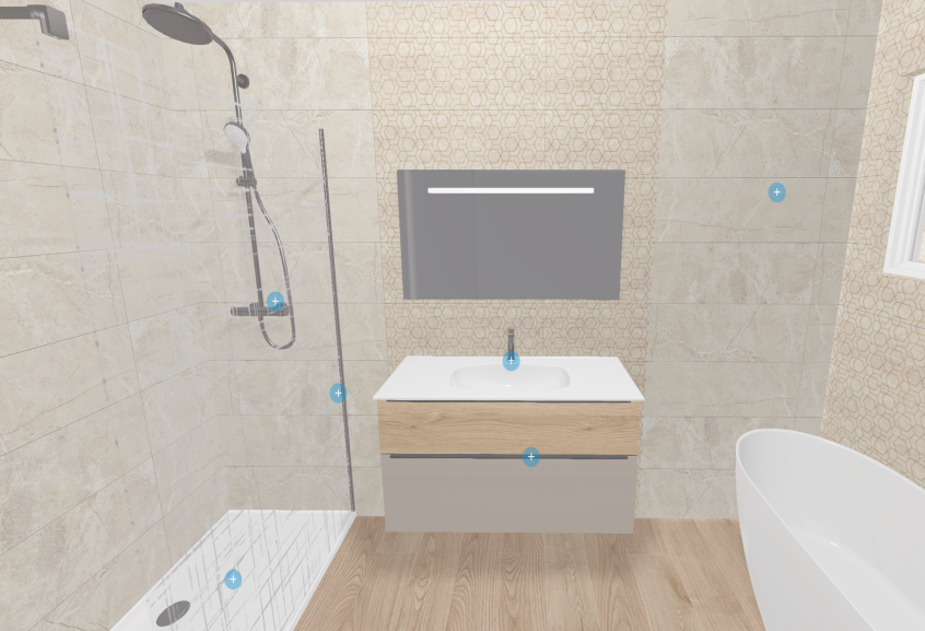 Meuble de salle de bains Style II double vasque de Burgbad, coloris chêne cachemire et gris tourterelle mat