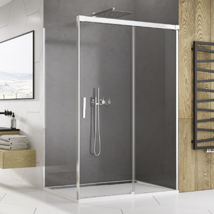 Paroi de douche avec porte coulissante Ophalys finition profilé poli brillant et verre transparent par la marque SanSwiss