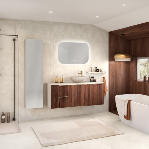 Meuble salle de bains avec façade striée coloris chêne americain et craie mat