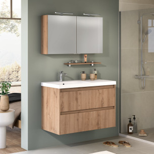 Meuble de salle de bains d-motion affleurant avec 2 coulissants coloris Chêne ambré structuré et plan vasque osmose blanc mat de la marque Delpha
