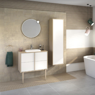 Meuble de salle de bains Evasion largeur 80 centimètres avec 2 coulissants coloris Blanc brillant et corps de meuble décor chêne doré structuré de la marque Delpha